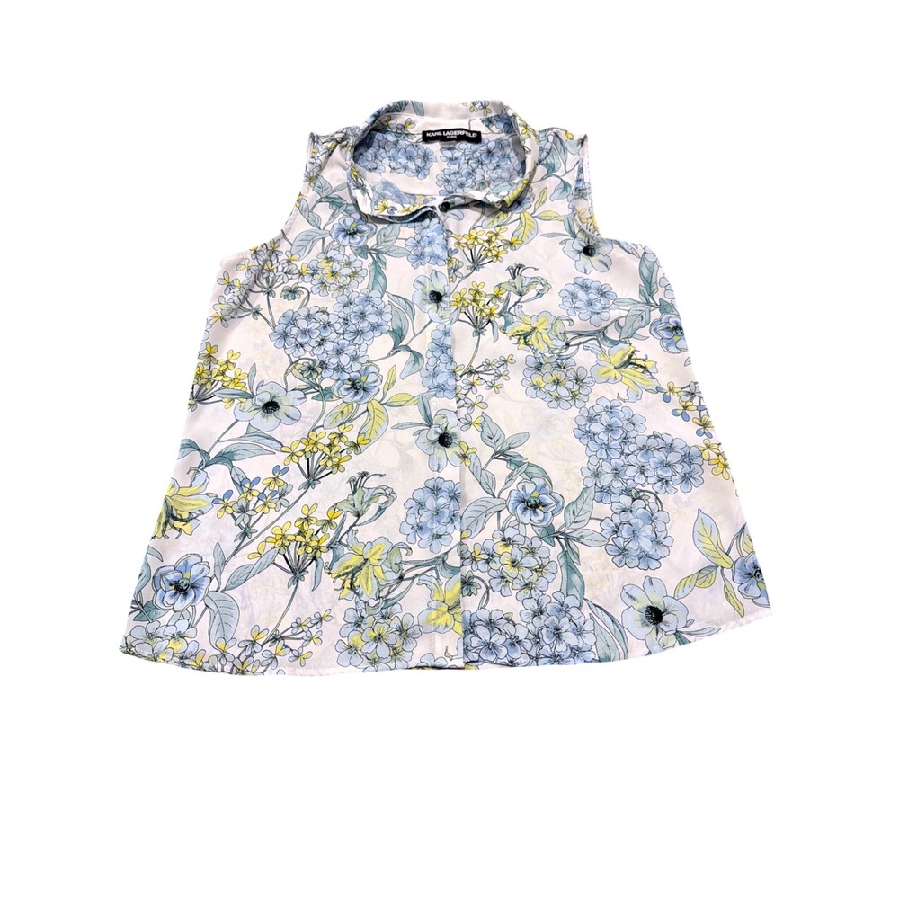 Karl Lagerfeld Paris Floral Sleeveless Button Down Blouse Blue Yellow White M